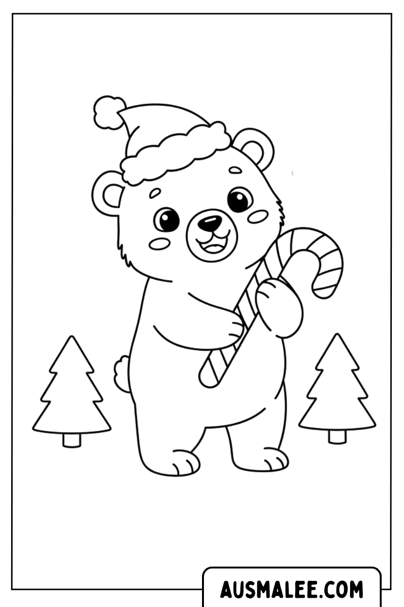 Coloriage - Ours tenant une canne en bonbon pour Colorier