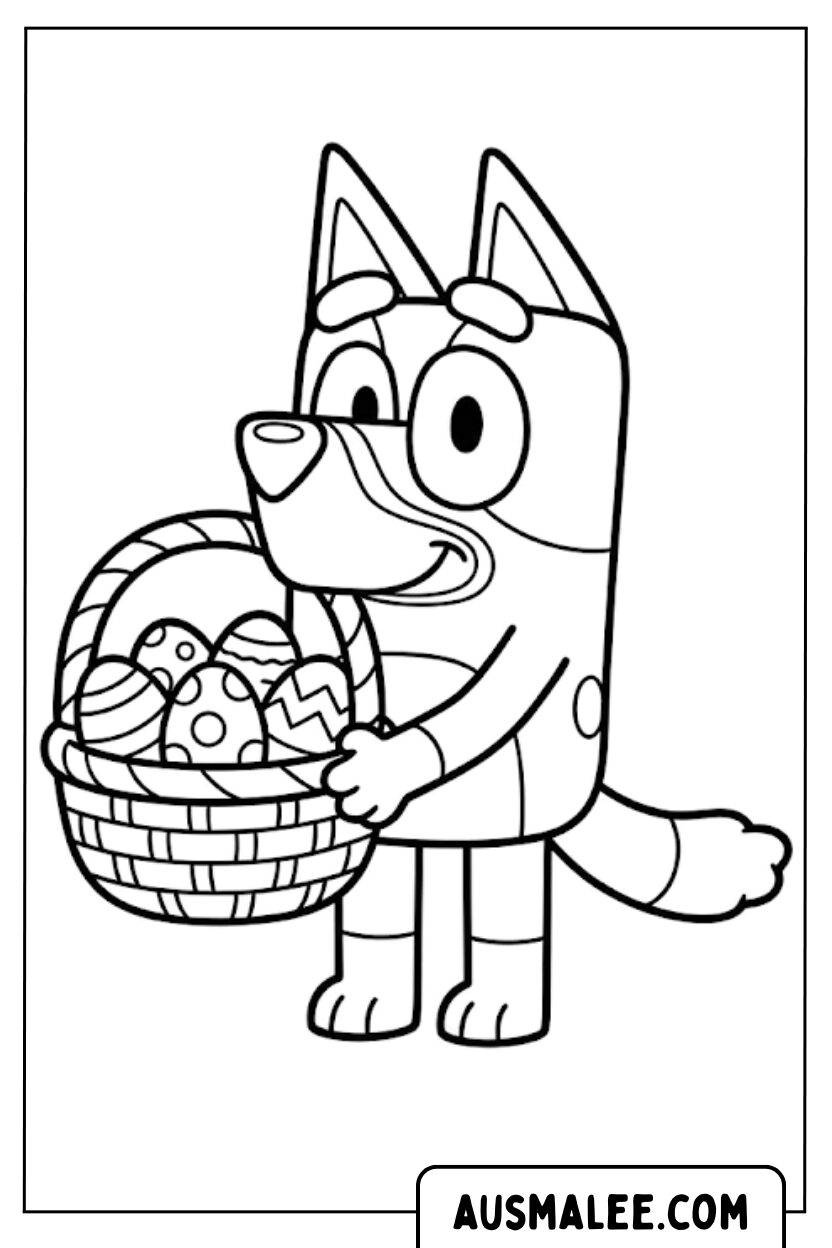 Coloriage Bluey tenant un panier de Pâques