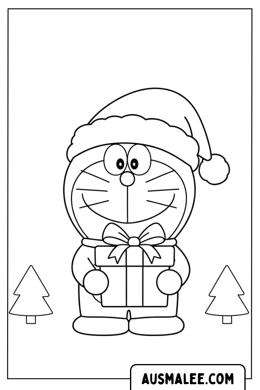 Coloriage Doraemon tenant un gros cadeau