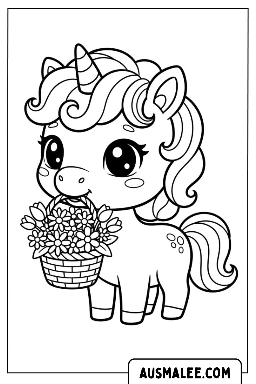 Coloriage - Panier de fleurs de licorne pour Colorier