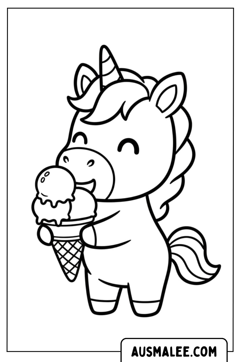 Coloriage Licorne mangeant de la glace