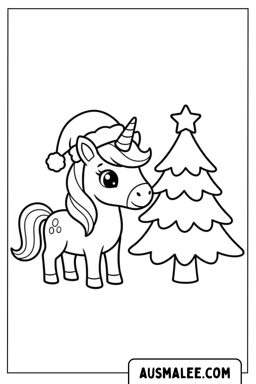Coloriage licorne à côté du sapin de Noël