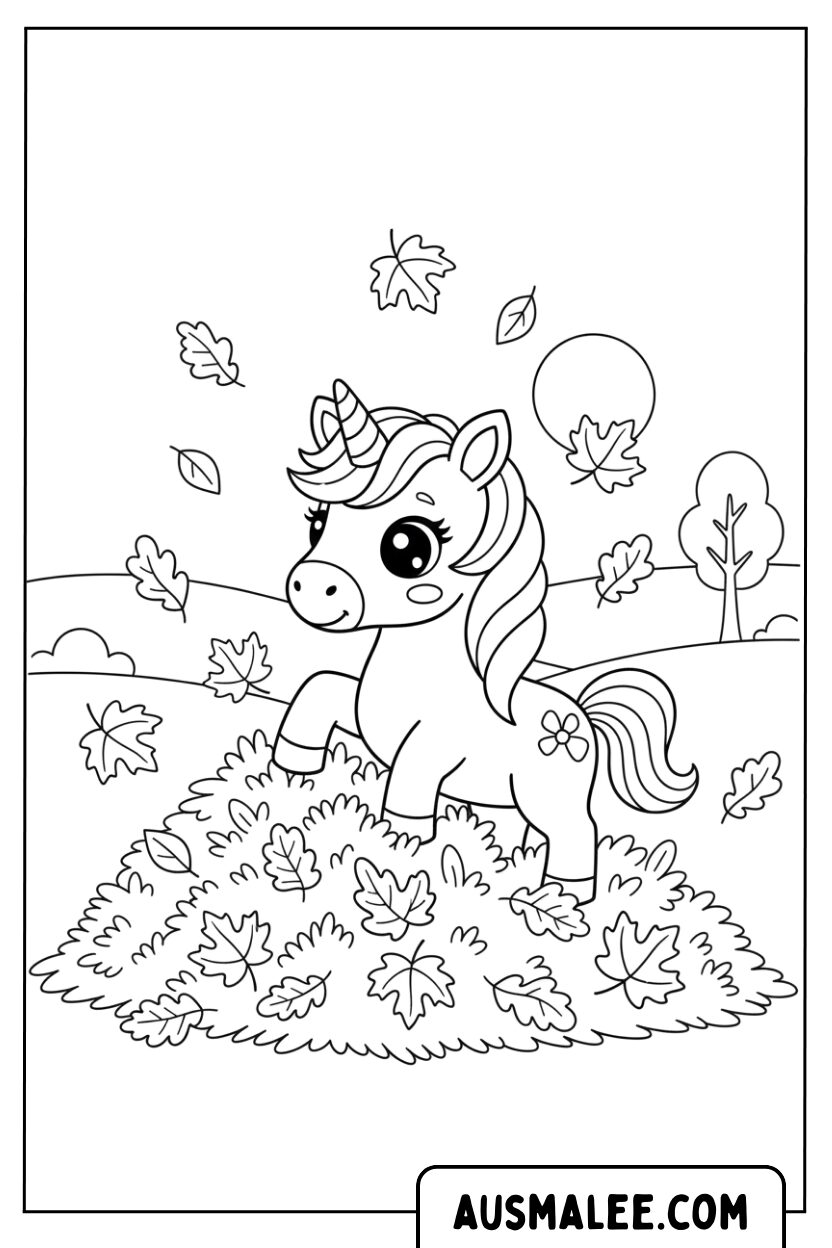 Coloriage Licorne jouant dans un tas de feuilles