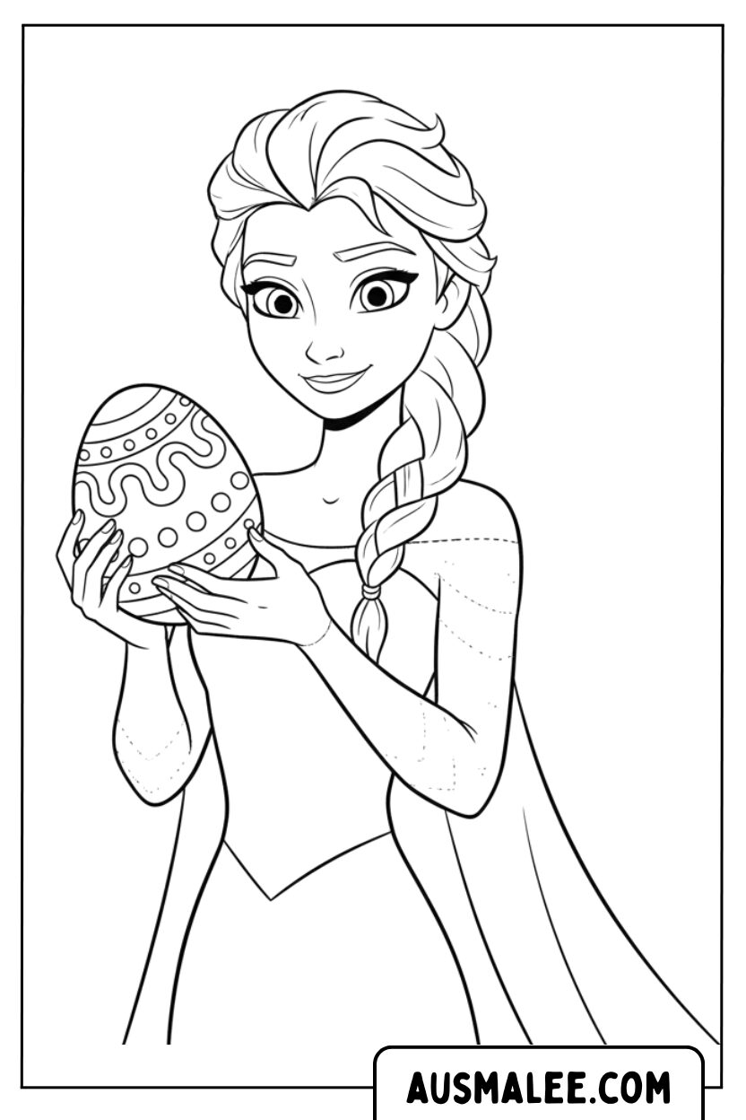 Coloriage Elsa tenant un œuf de Pâques tressé