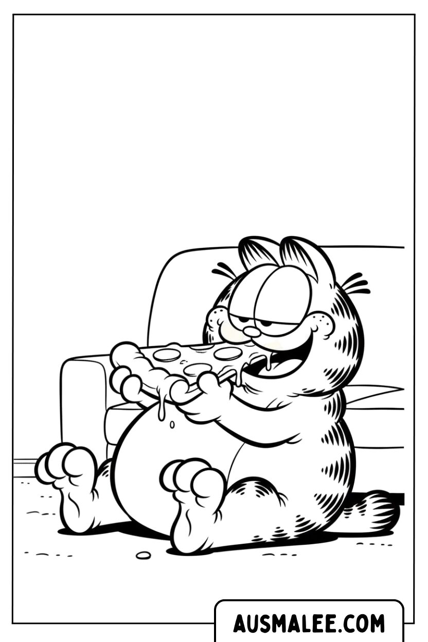 Coloriage - Garfield mange une pizza entière