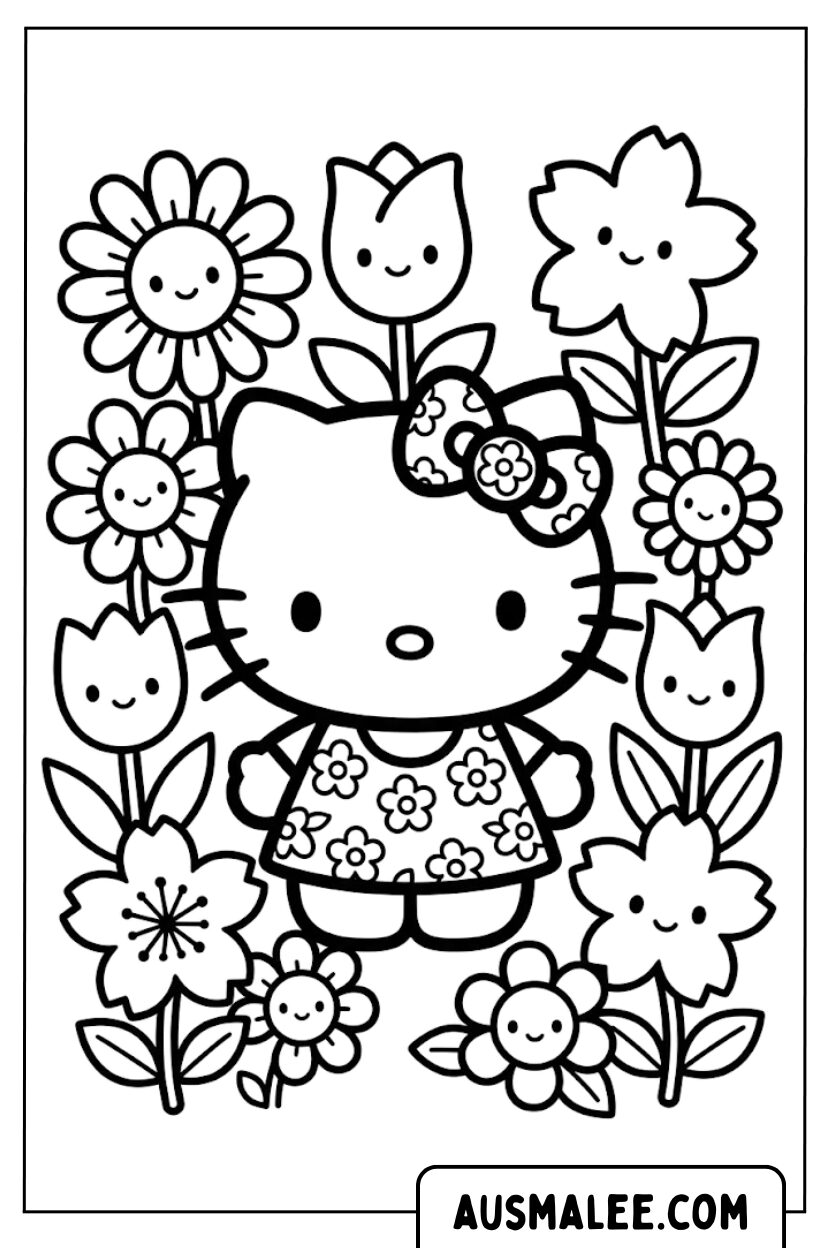 Hello Kitty bloemenweide kleurplaat