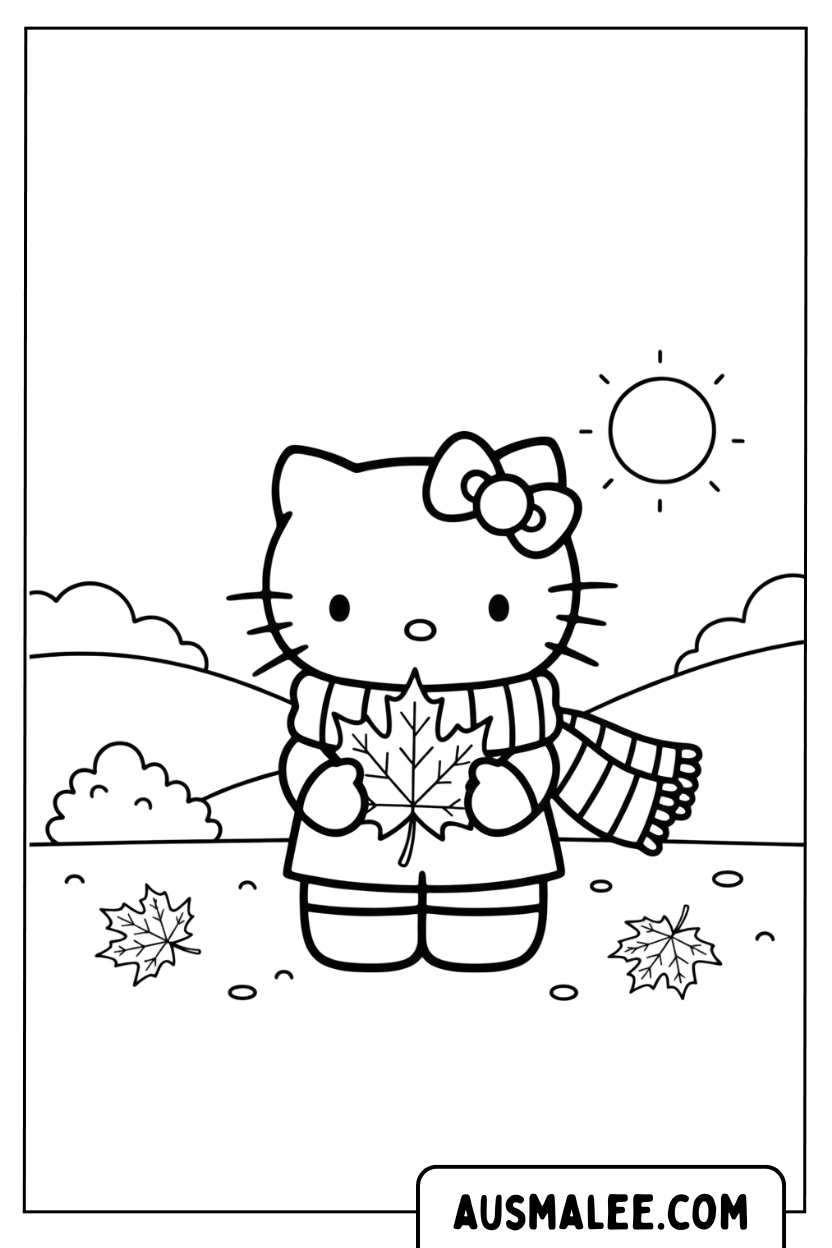 Coloriage Hello Kitty tenant une feuille d'érable