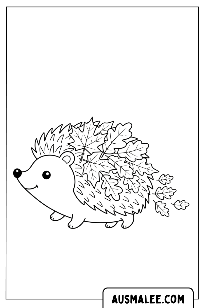 Coloriage Hérisson portant des feuilles d'automne