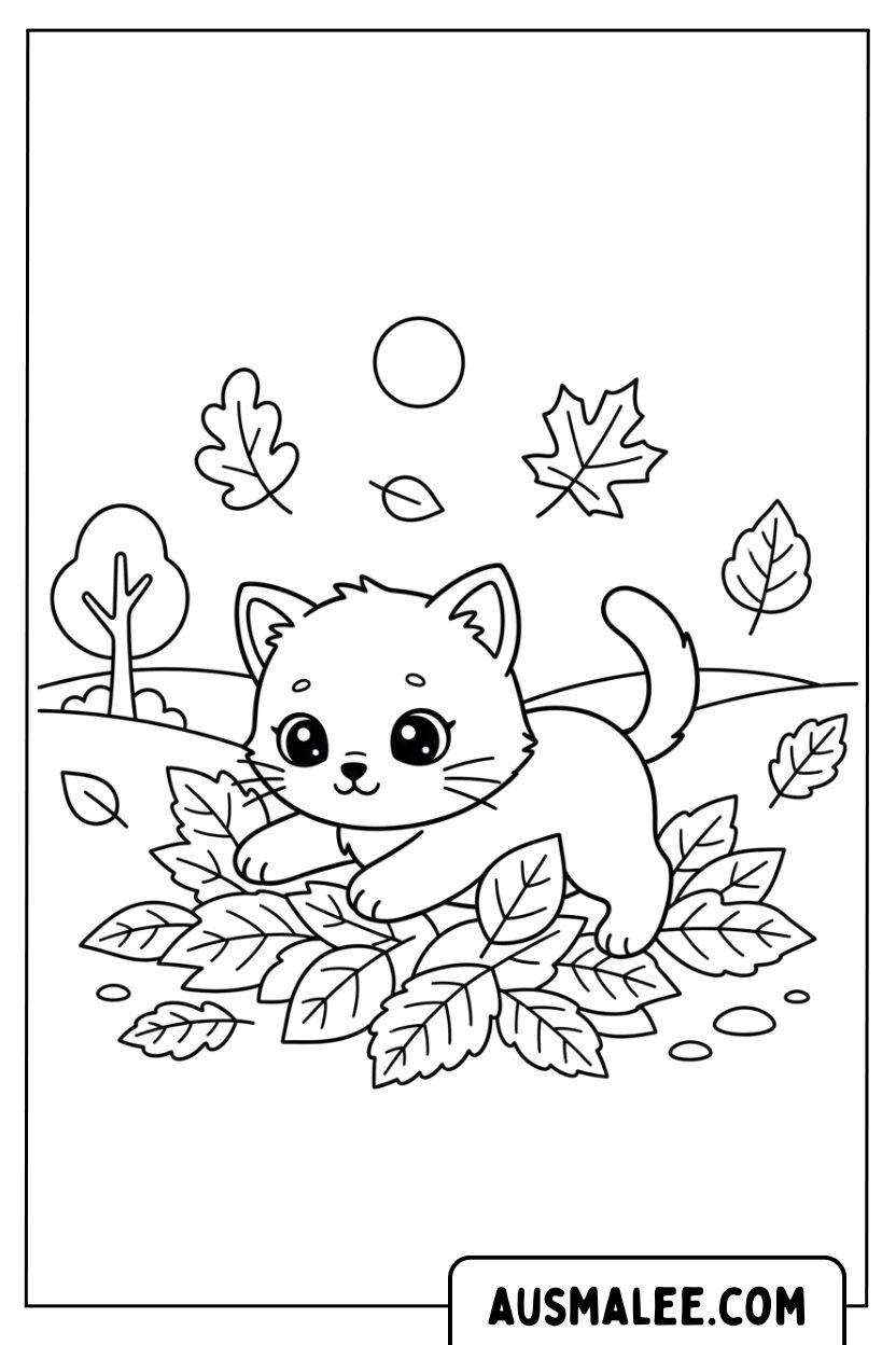 Coloriage chaton jouant dans les feuilles d'automne