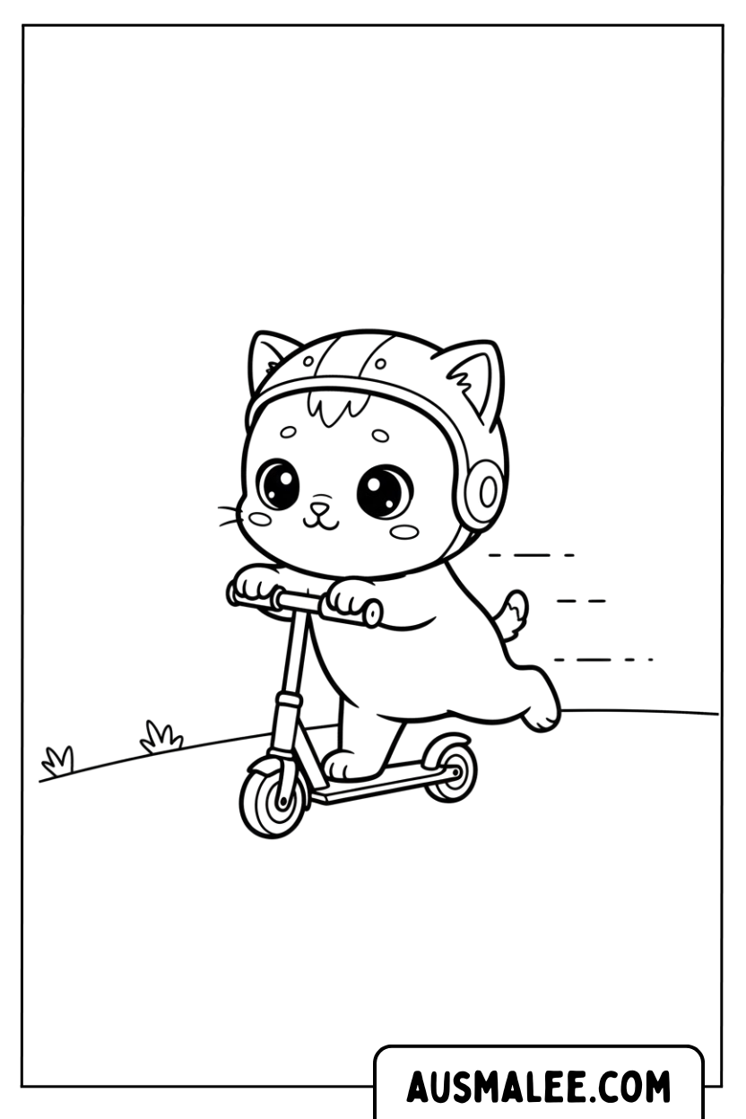 Coloriage chat monte un casque de scooter
