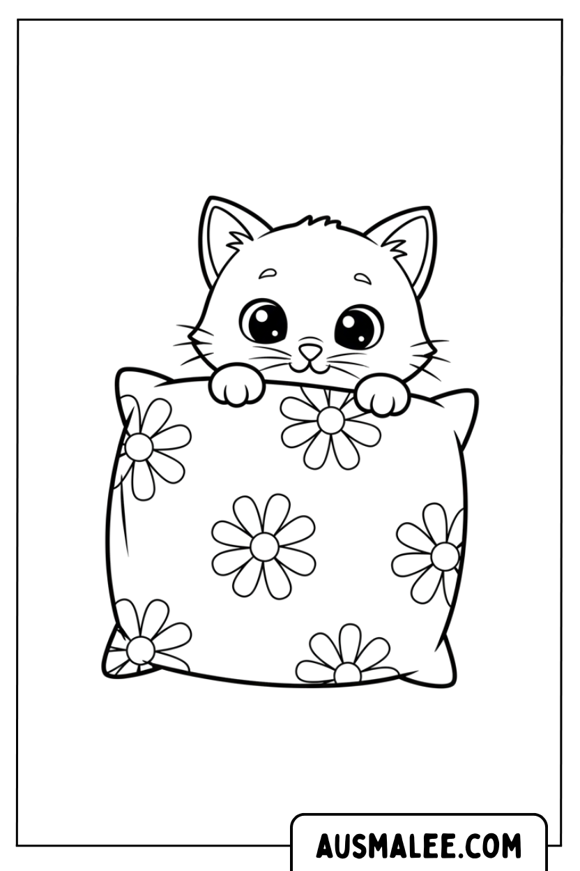 Coloriage chat derrière un coussin de fleurs