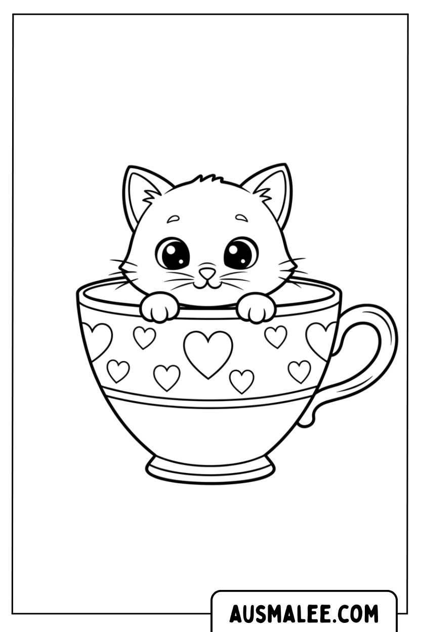 Coloriage Chat dans une tasse de coeur