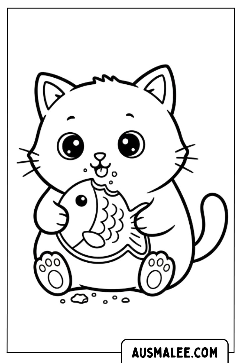Coloriage de chat mangeant un gâteau au poisson