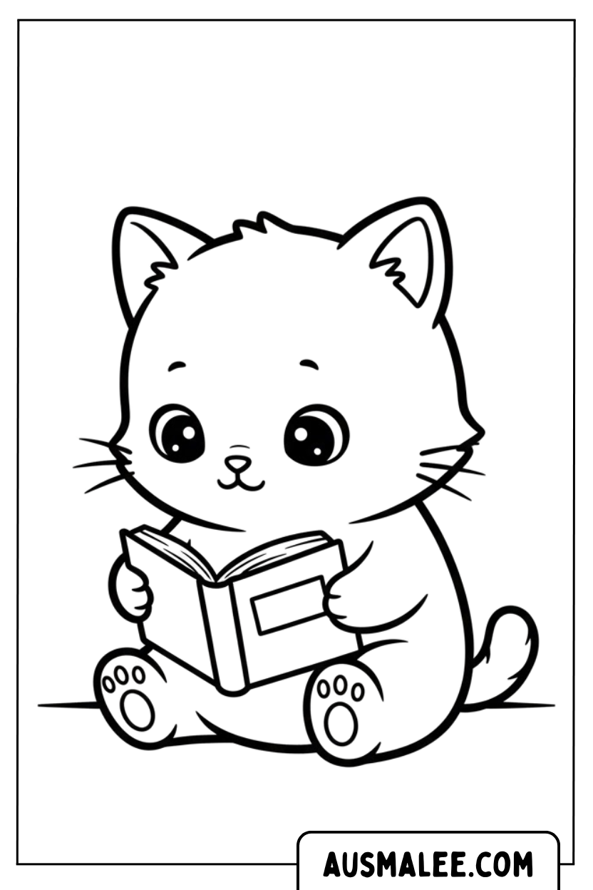 Coloriage Chat lisant un livre tranquillement