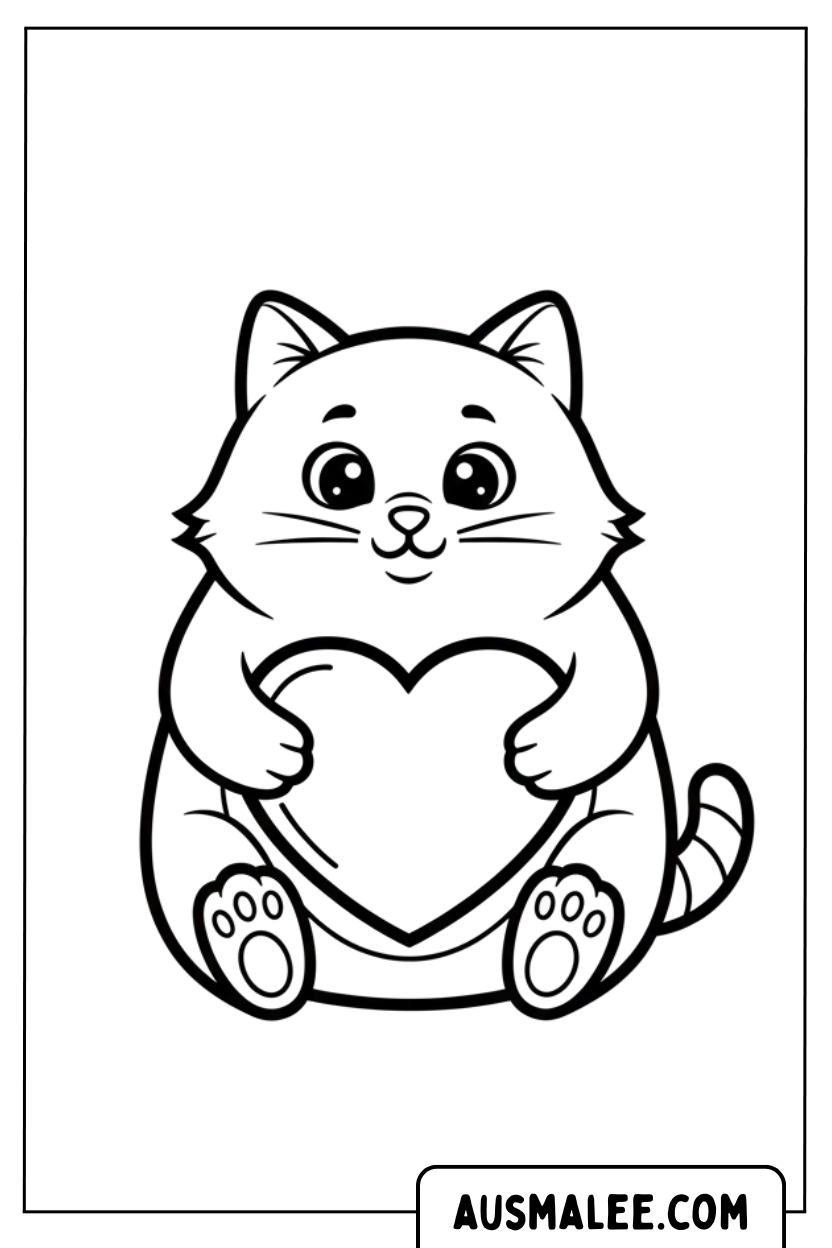 Coloriage Chat qui fait un câlin à un grand coeur