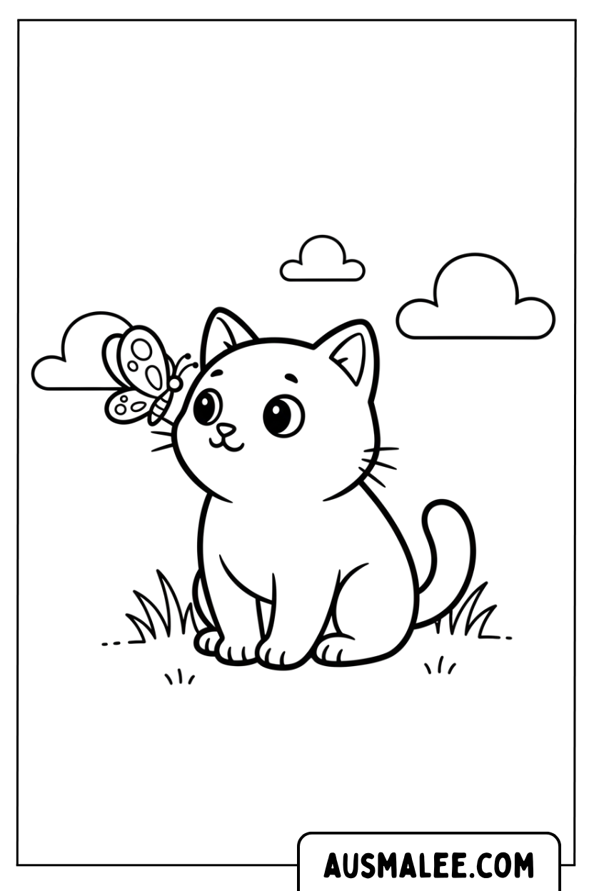 Coloriage Nature Chat Et Papillon
