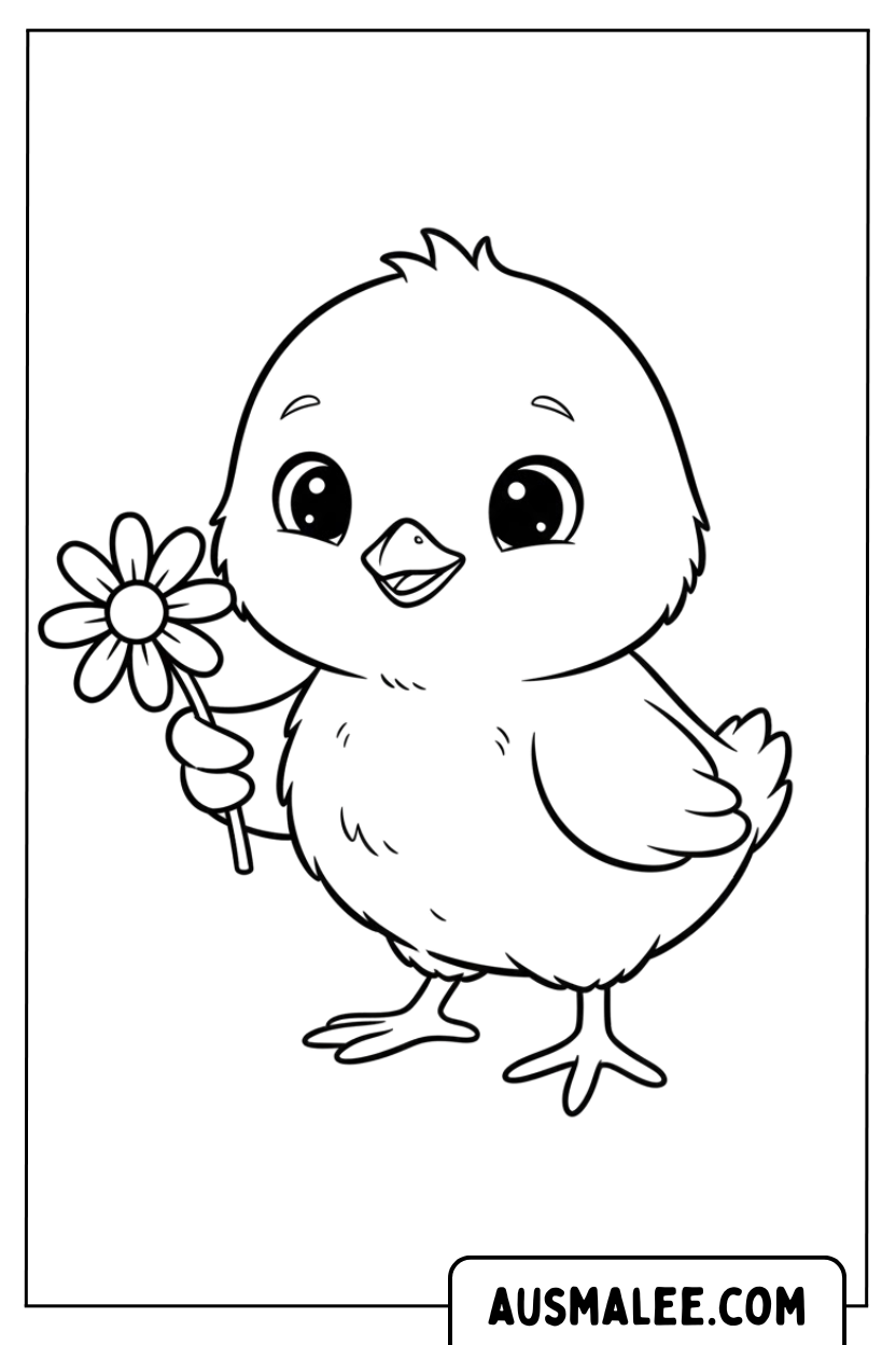 Coloriage poussin tenant des marguerites