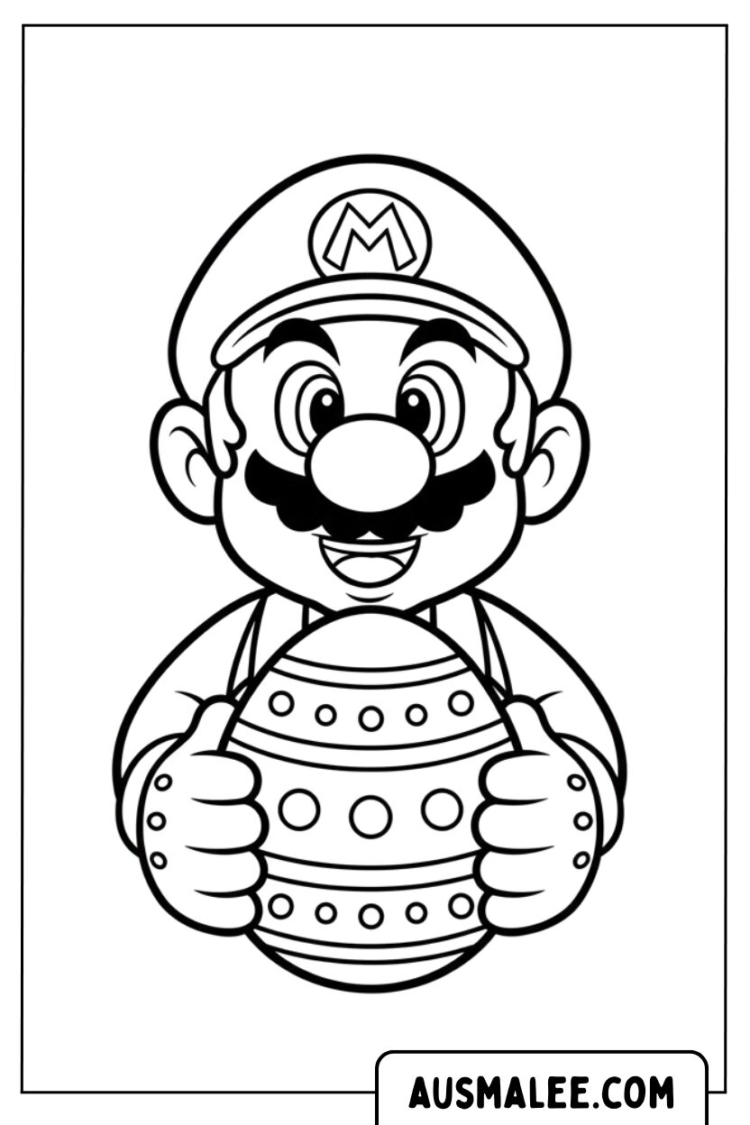 Coloriage Mario tenant un gros œuf de Pâques