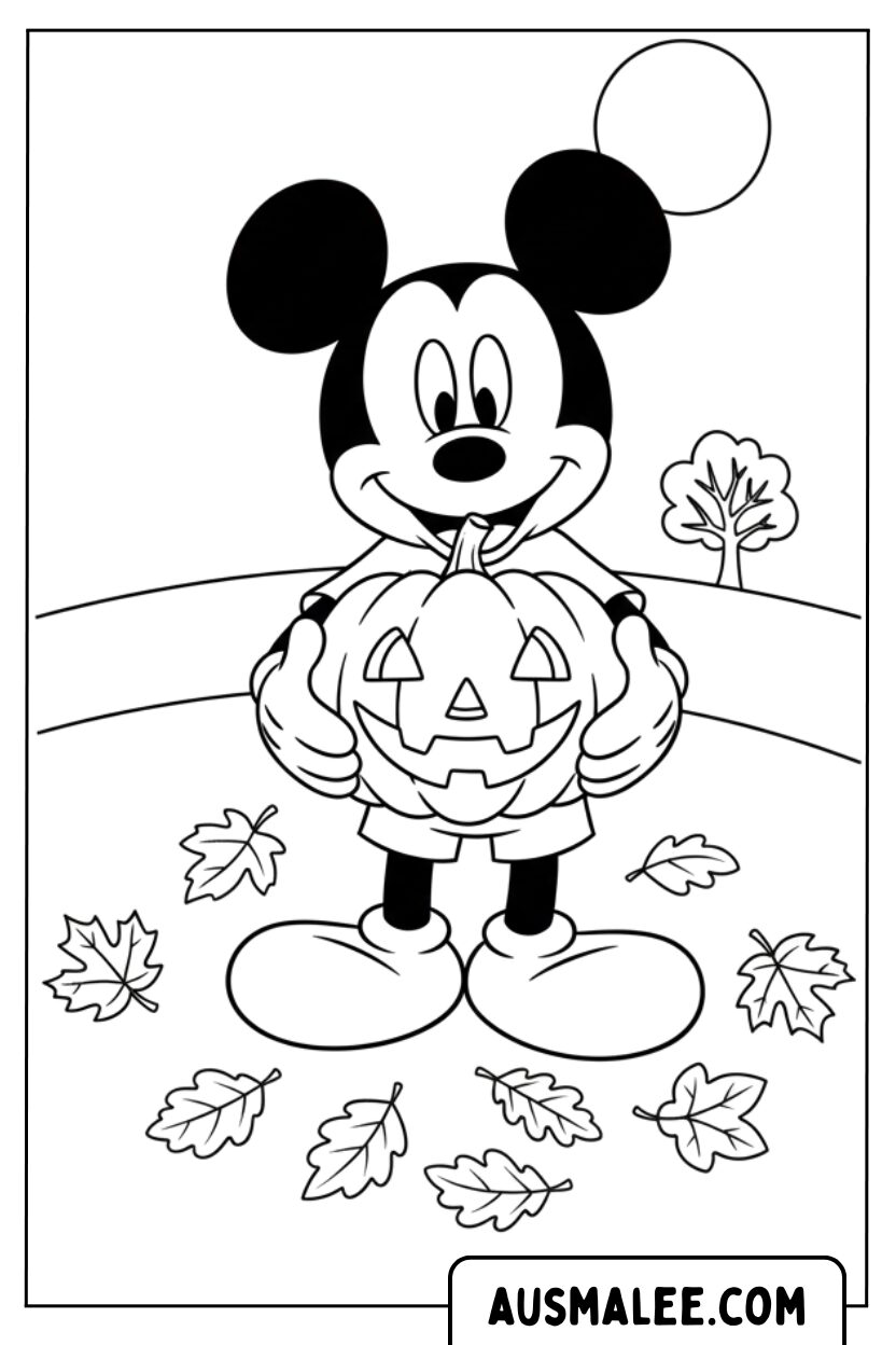 Coloriage Mickey Mouse debout avec une citrouille