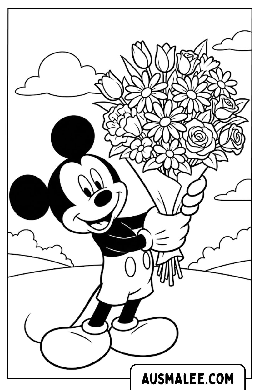 Kleurplaat Mickey Mouse boeket bloemen