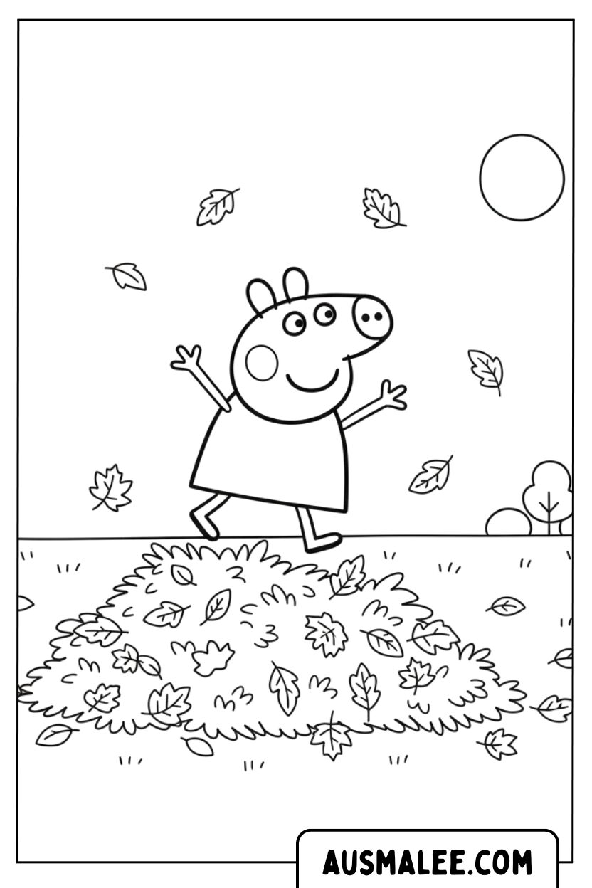 Coloriage Peppa Pig sur un tas de feuilles