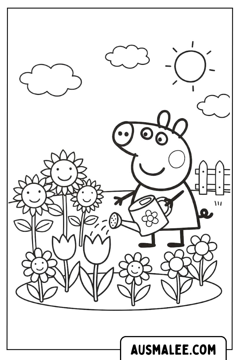Kleurplaat Peppa Pig tuin
