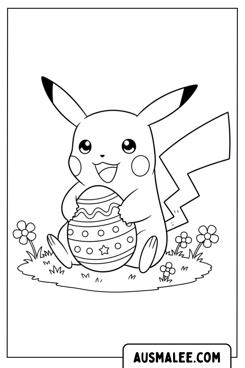 Coloriage Pikachu tenant un œuf de Pâques pour Colorier