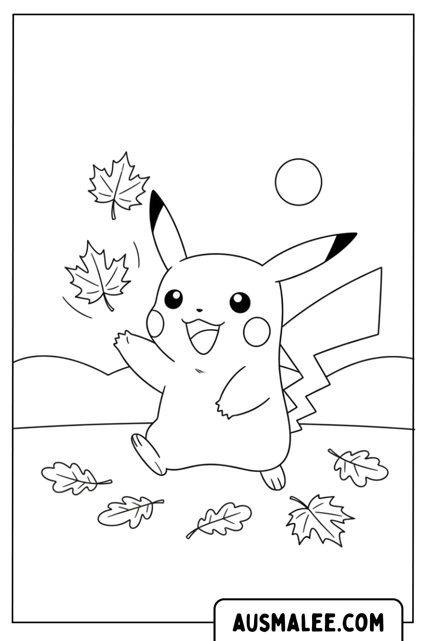 Coloriage Pikachu jouant avec les feuilles d'automne