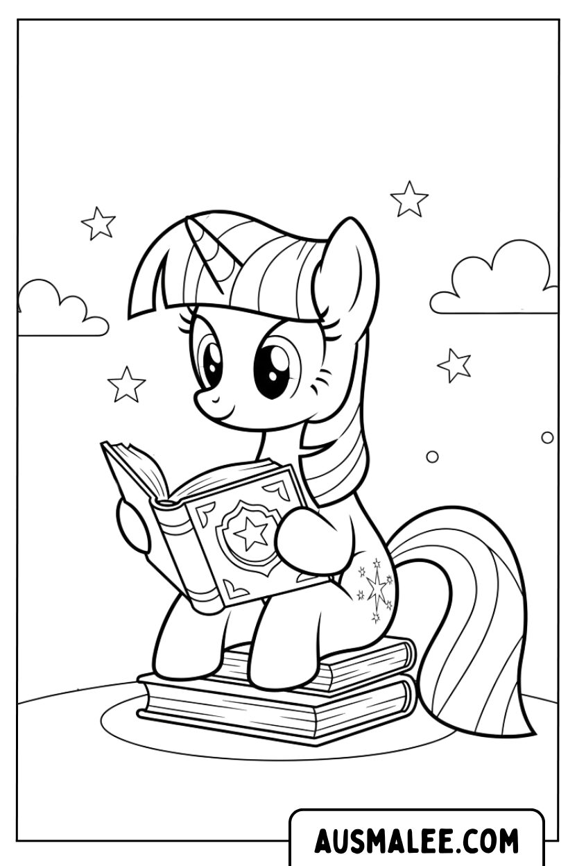 Coloriage de Poney lisant un livre pour Colorier