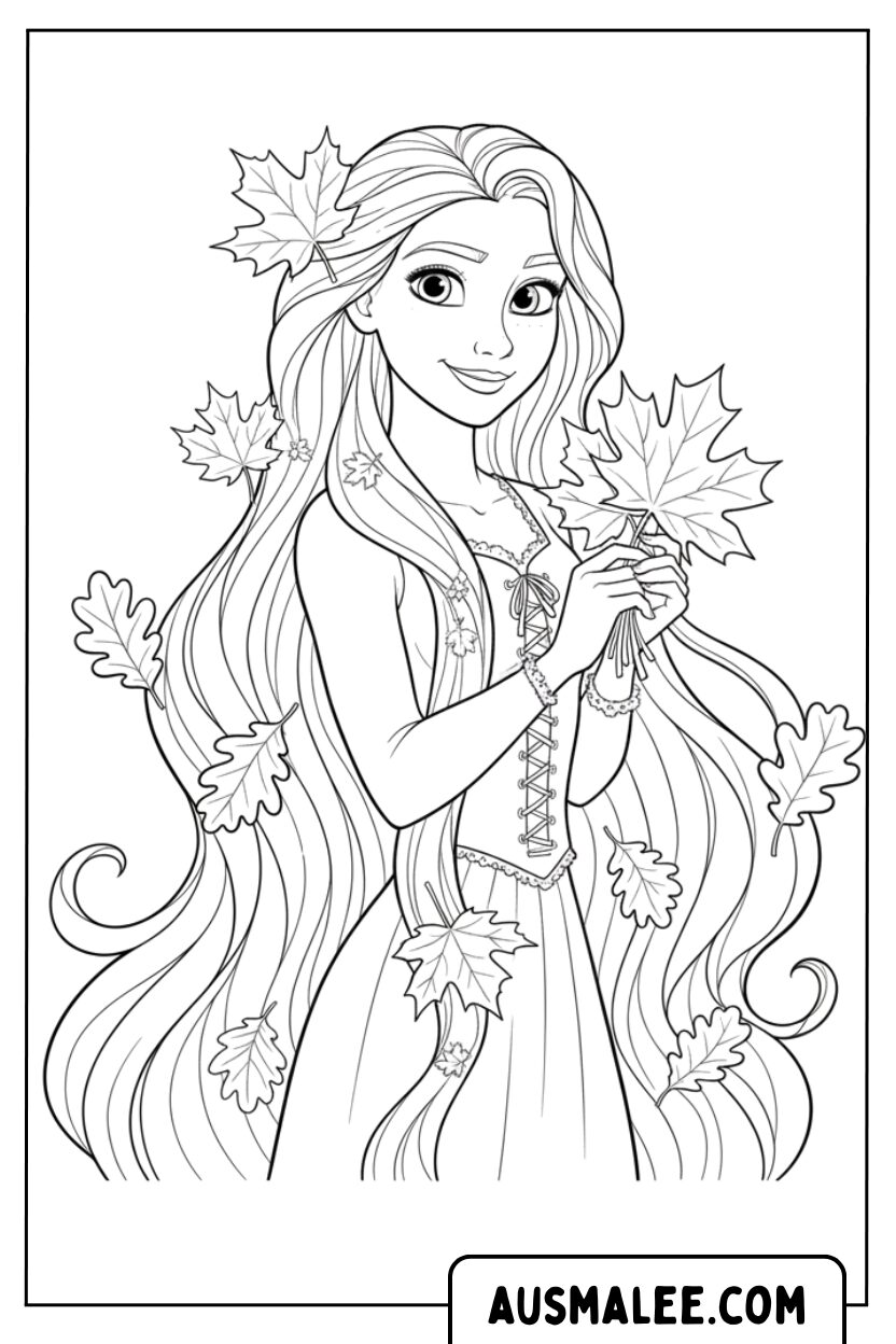 Coloriage Raiponce avec des cheveux de feuilles d'automne