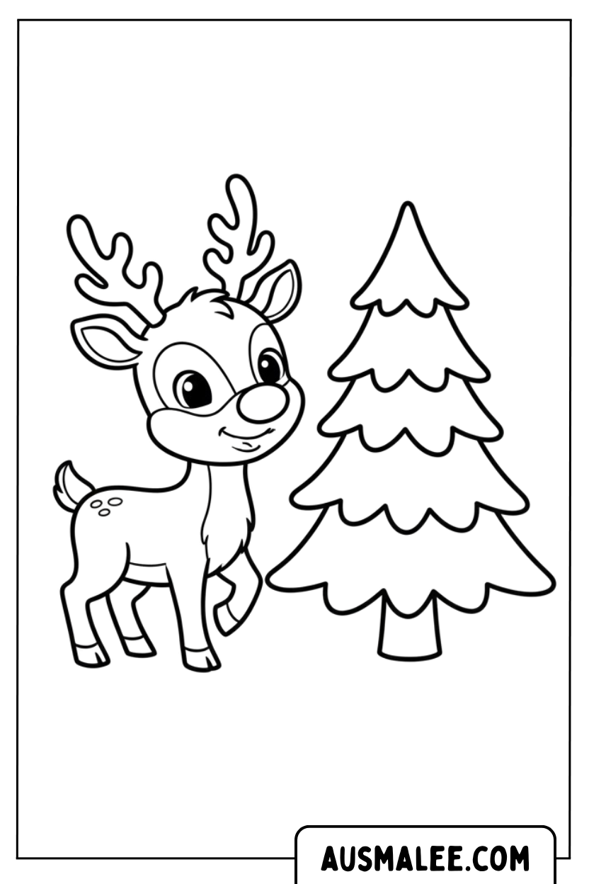Coloriage renne se tient à côté d'un sapin