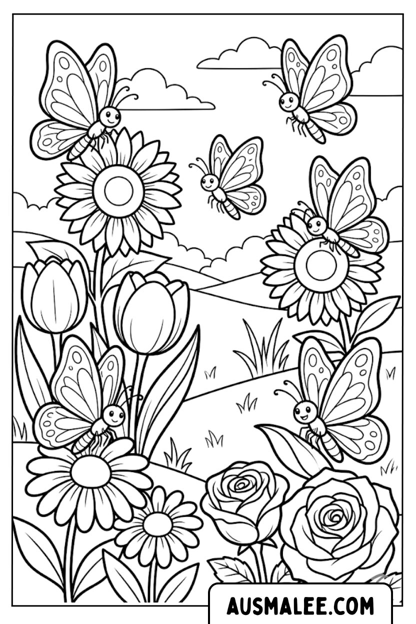Kleurplaat vlinders bloemenweide