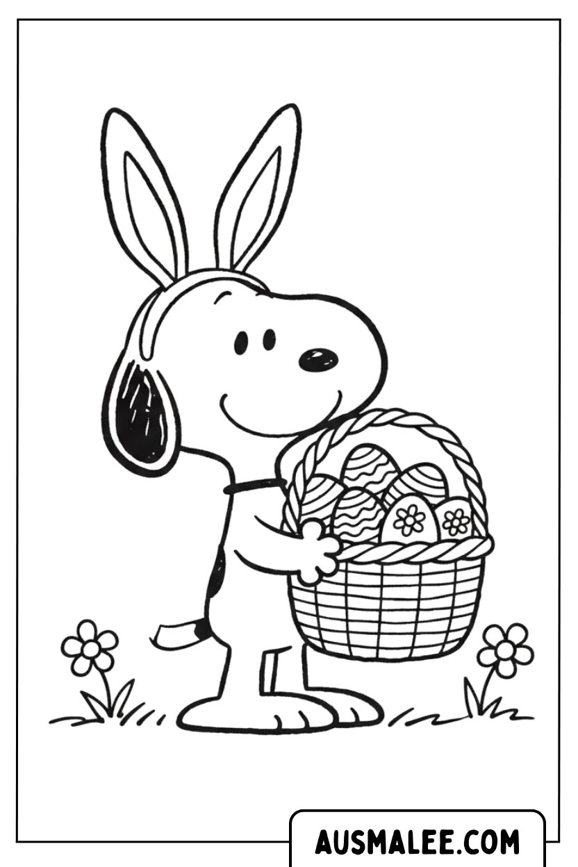 Coloriage Snoopy en panier de lapin de Pâques