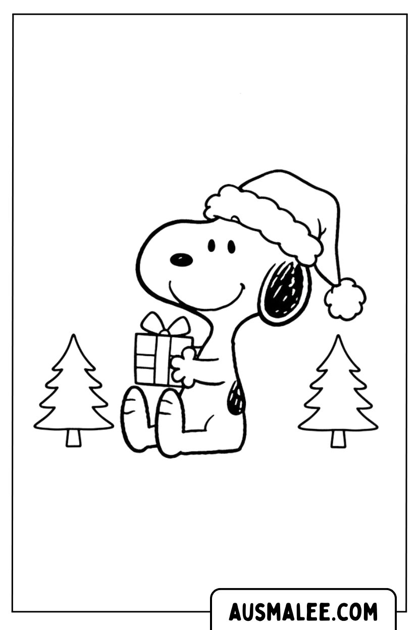 Coloriage Snoopy assis avec un cadeau