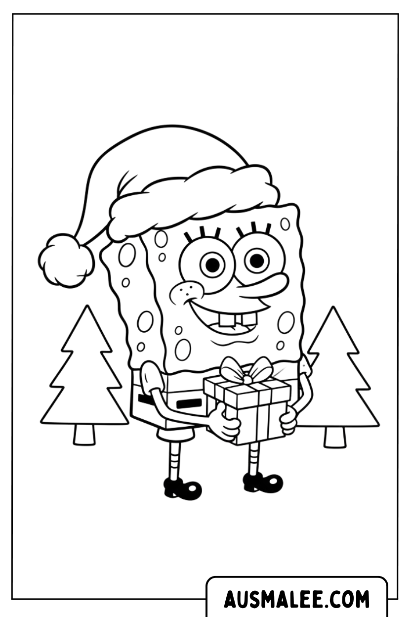 Coloriage de Bob l'éponge tenant un cadeau