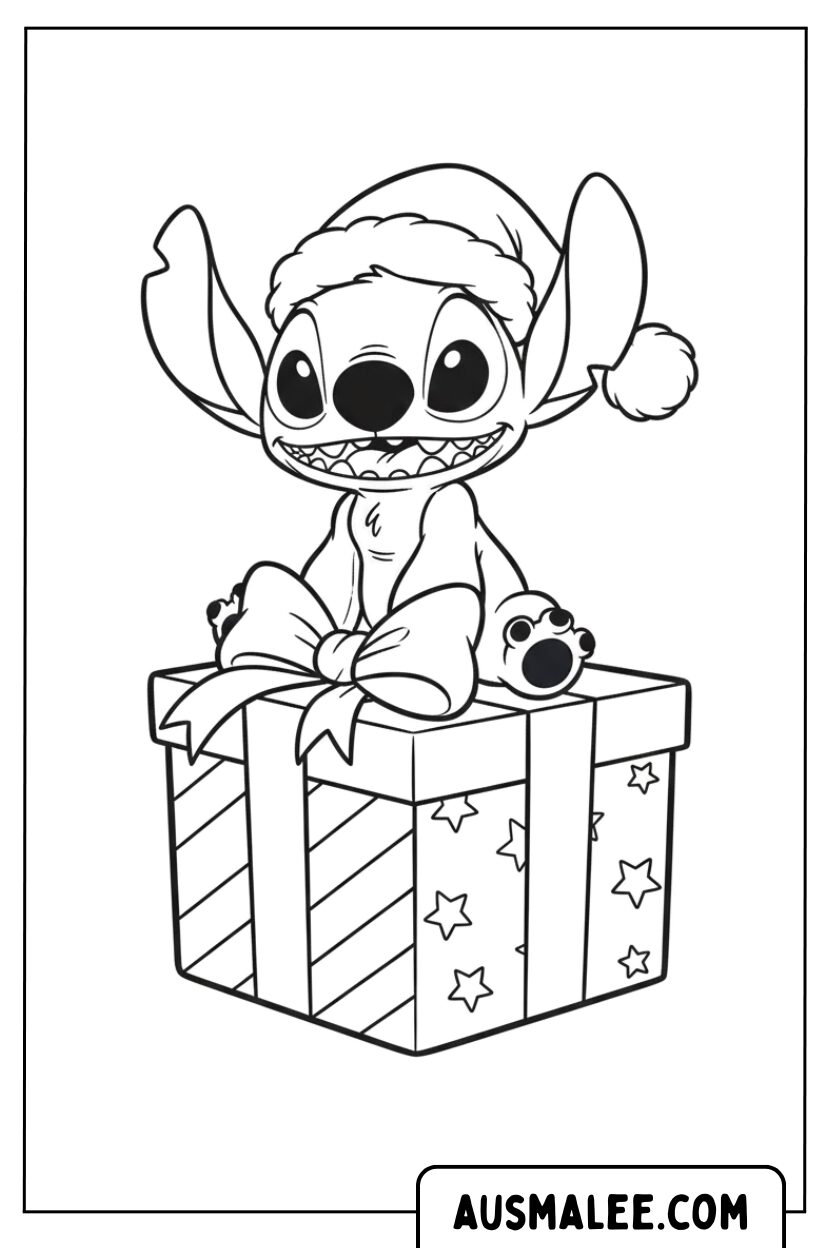 Coloriage Stitch assis sur un cadeau