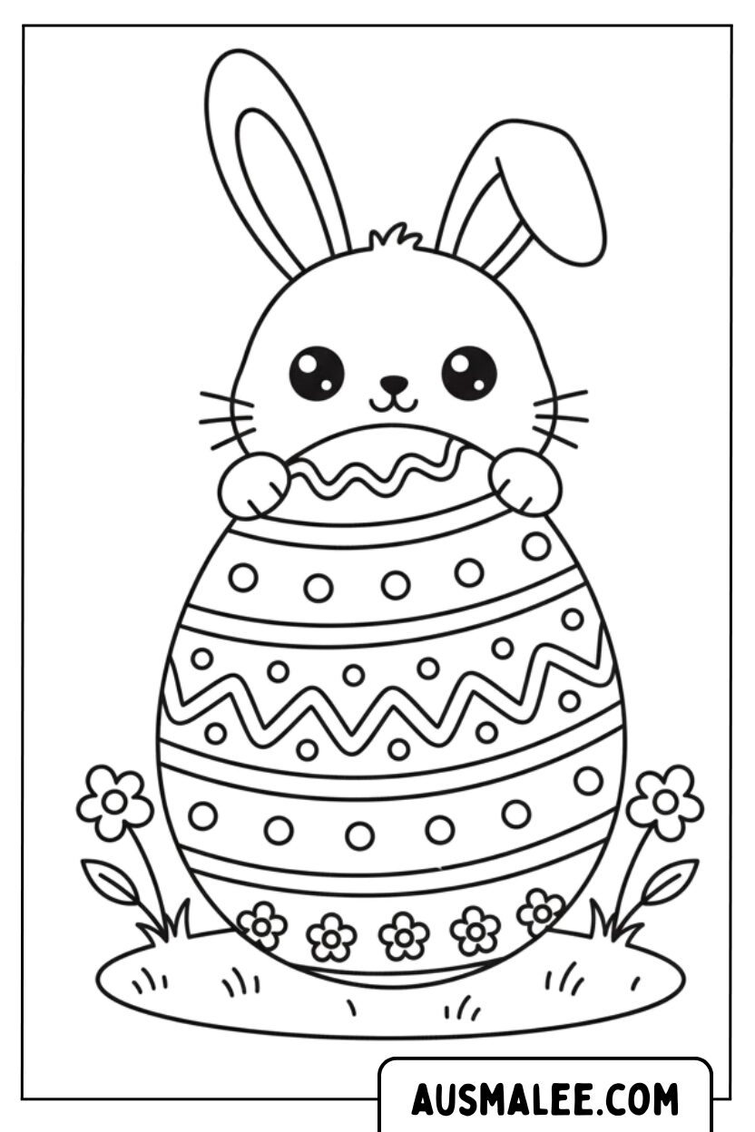 Coloriage doux lapin derrière un œuf de Pâques