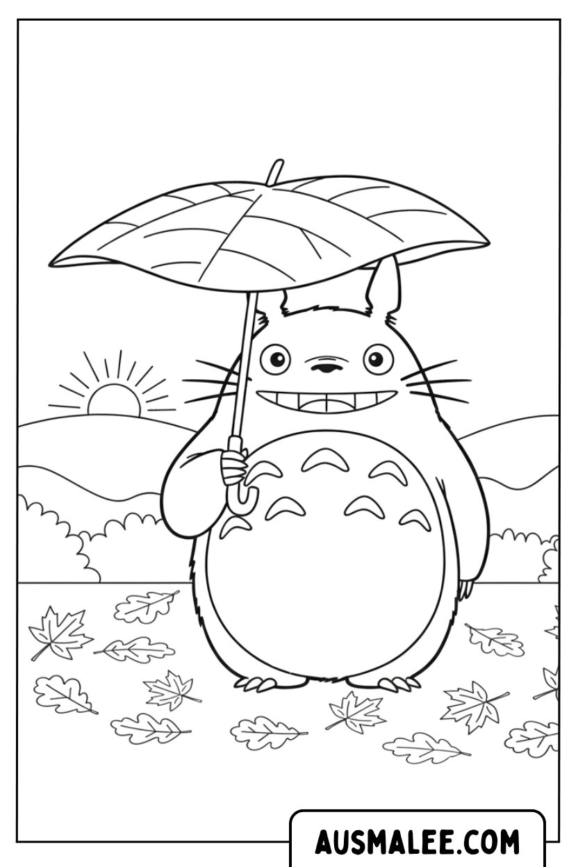 Coloriage de Totoro tenant un parapluie en forme de feuille pour Colorier