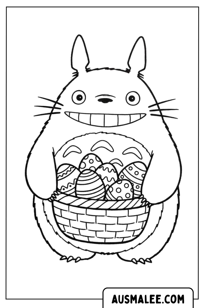 Coloriage Totoro tenant un panier de Pâques
