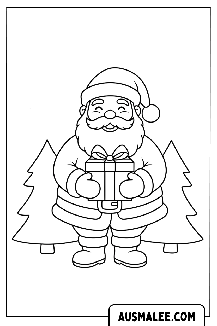Coloriage Père Noël tenant un cadeau