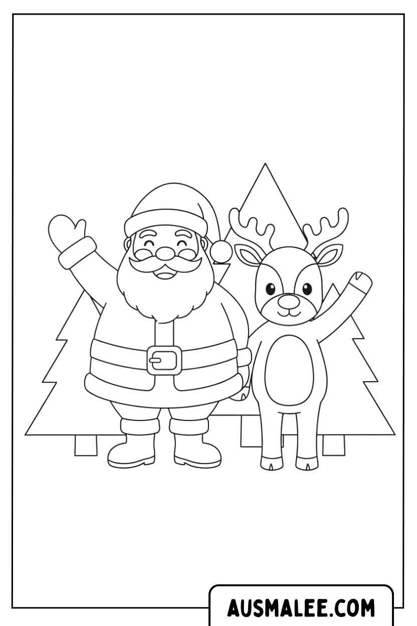 Coloriage Père Noël et renne saluant