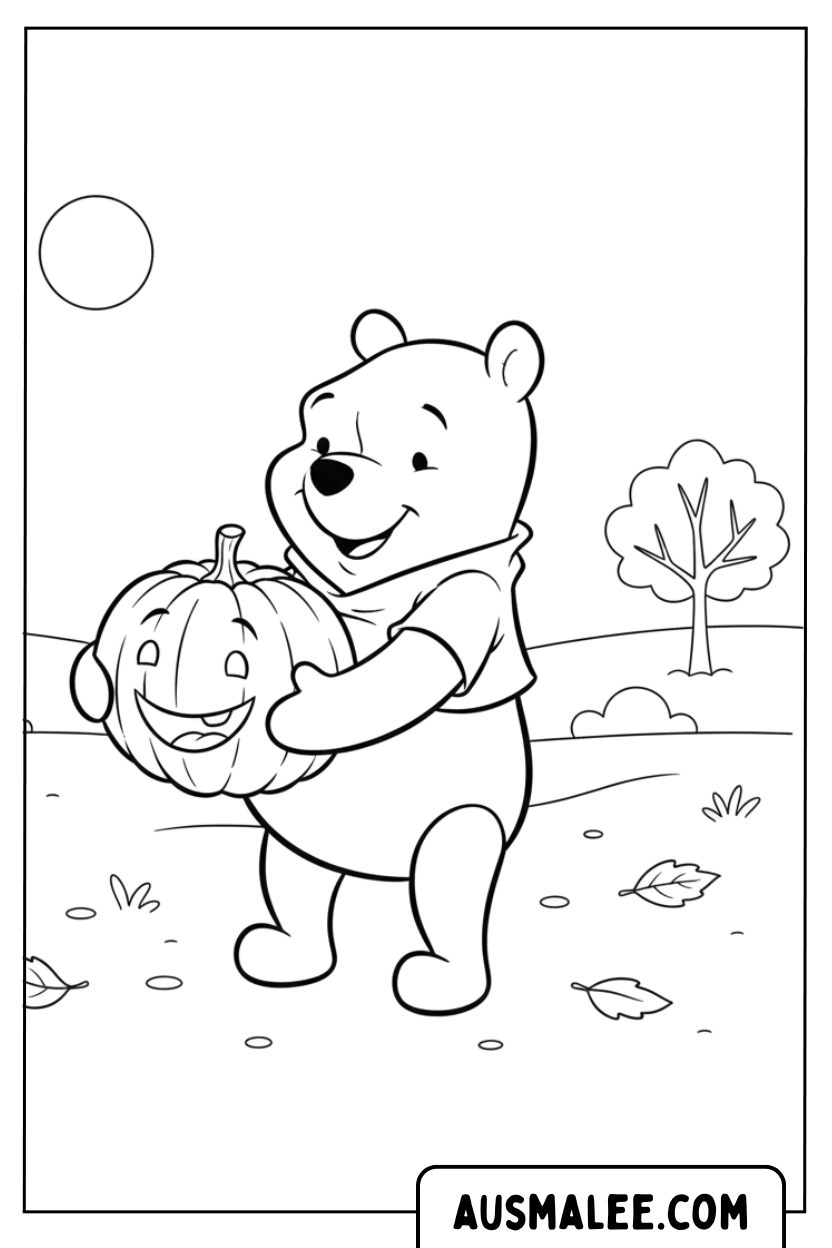 Coloriage - Winnie l'ourson tenant une citrouille