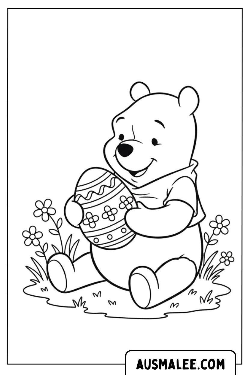 Coloriage Winnie l'ourson tenant un œuf de Pâques