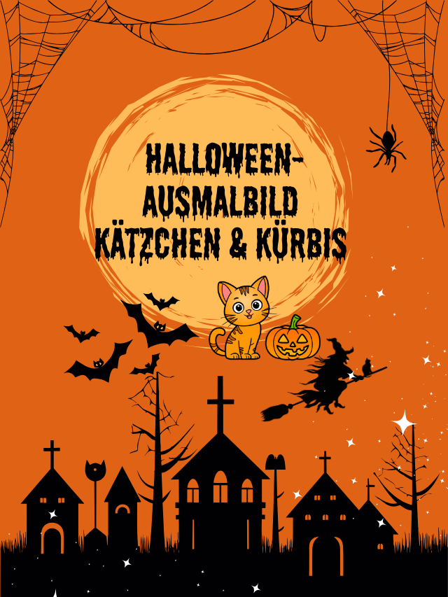 Halloween-Ausmalbild: Kätzchen & Kürbis