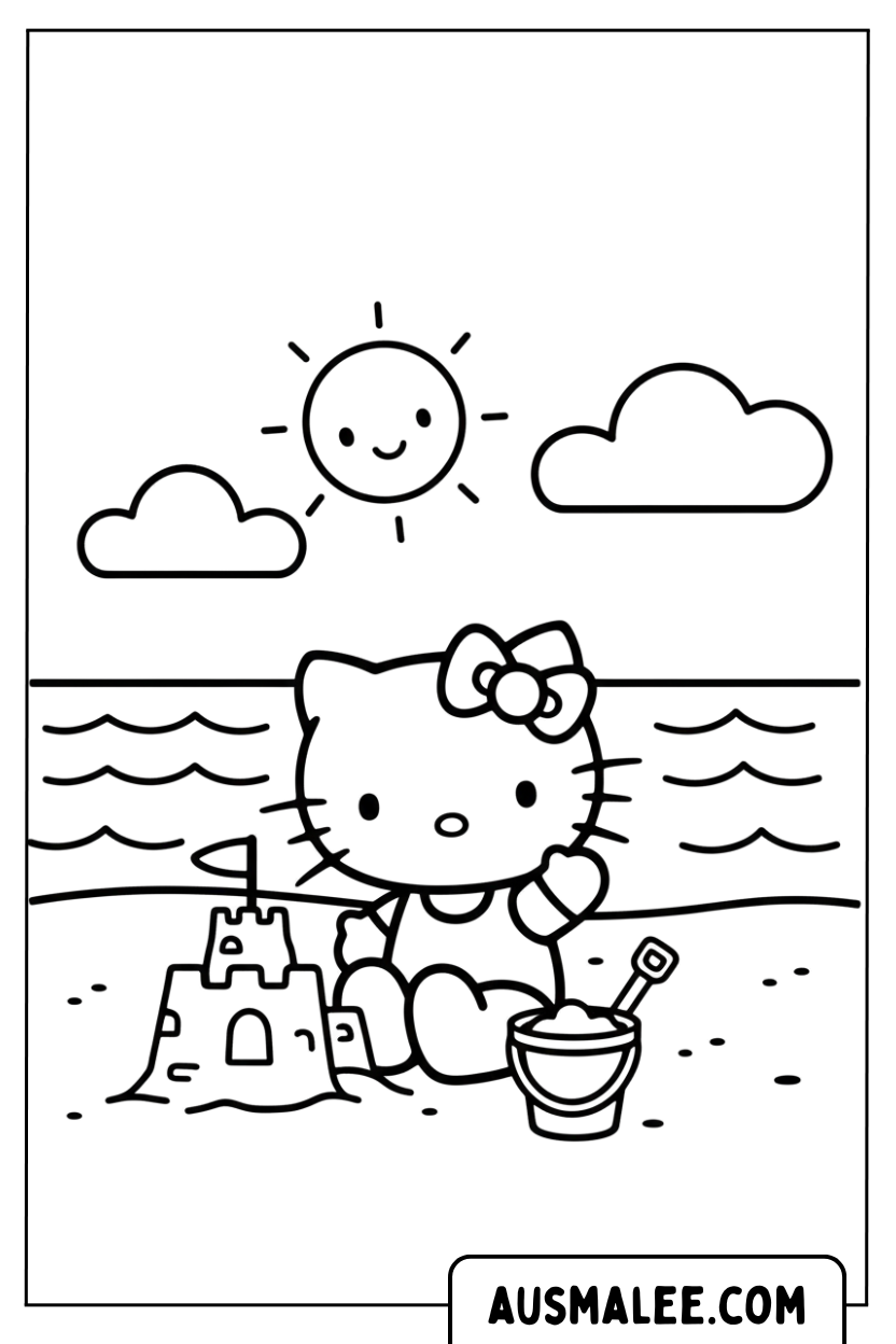 Hello Kitty bouwt een zandkasteel op het strand.