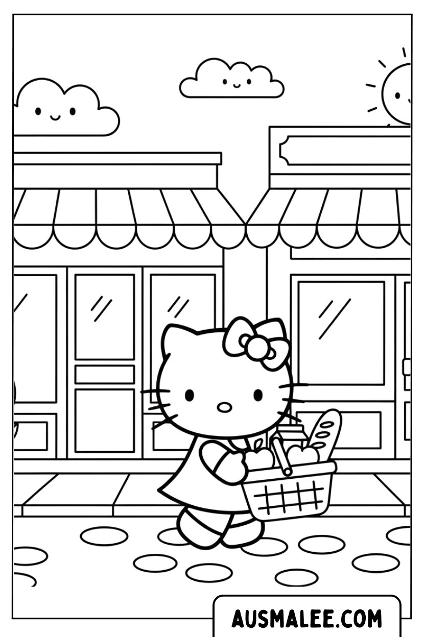 Hello Kitty winkelen met een mandje.