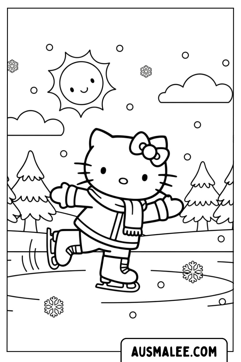 Hello Kitty schaatst in de sneeuw.
