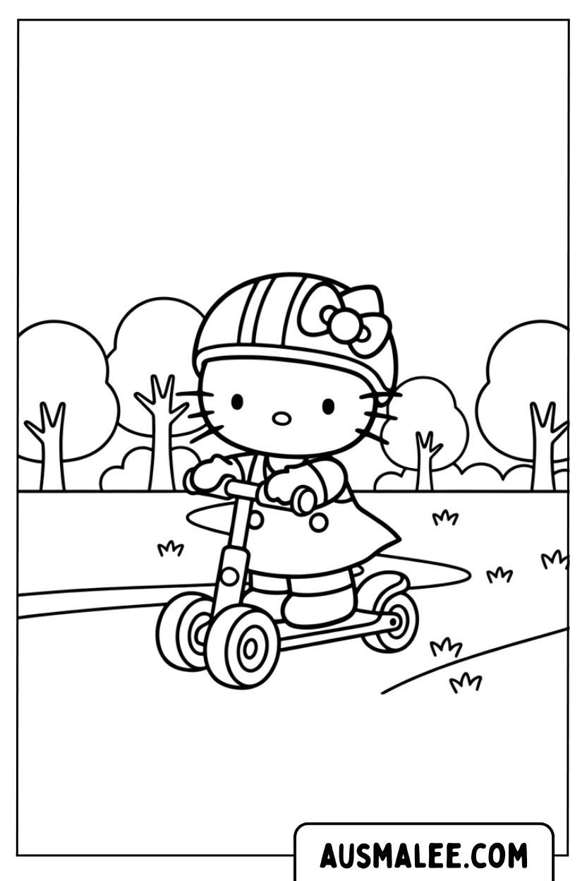 Hello Kitty rijdt op een scooter