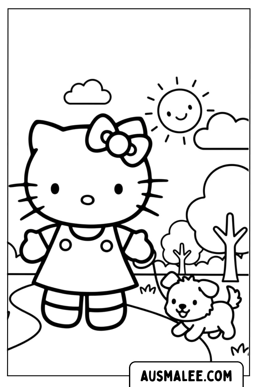Hello Kitty laat haar hond uit.
