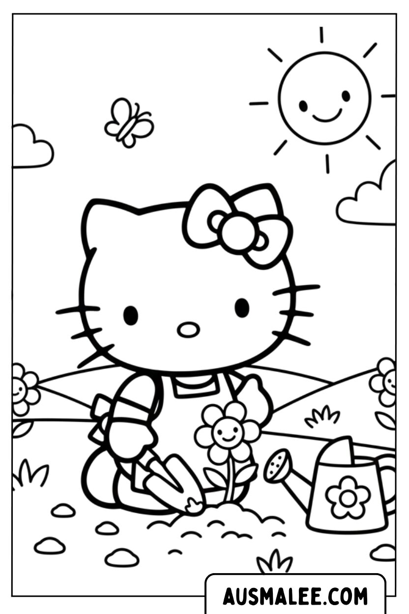 Hello Kitty tuiniert en plant bloemen.
